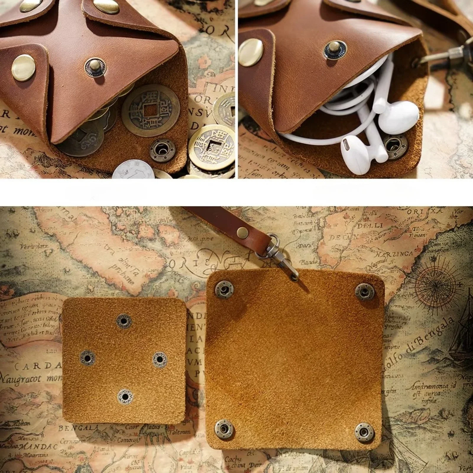 محفظة نقود معدنية صغيرة من الجلد الطبيعي مصنوعة يدويًا وحامل تغيير مربع ومفاتيح للجيب وحقيبة عملات معدنية مع أزرار كبس للرجال والنساء