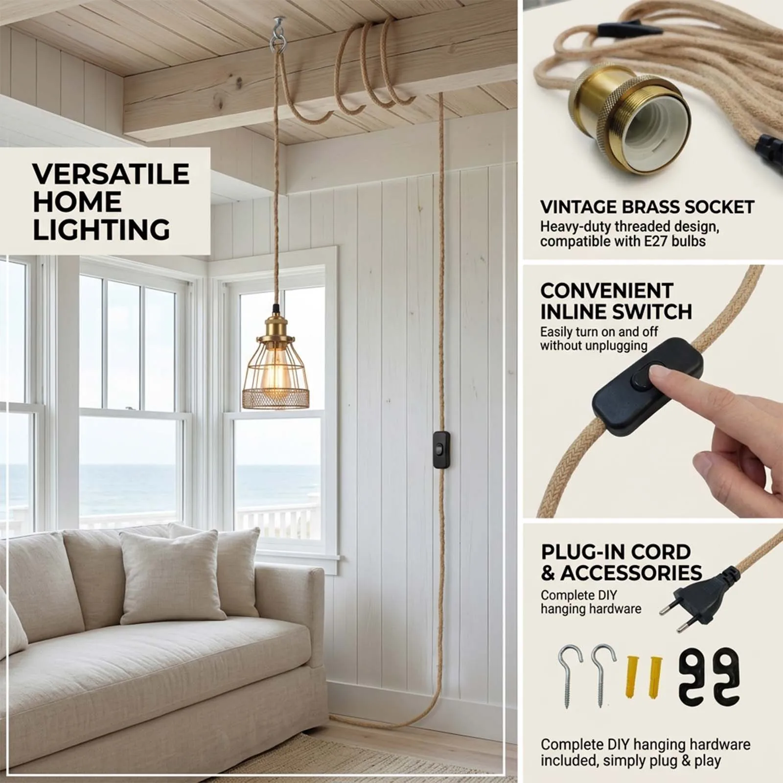 Hanging Lamp Cord Kit, Brass Socket, Braided Fabric Cable, Inline Switch, EU Plug, Vintage, Bedroom, Cafe