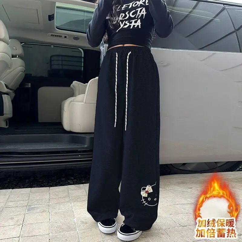 

Спортивные штаны на флисовой подкладке для девочек, подростков, осень-зима, повседневные, новинка 2025, модные, утолщенные, прямые, свободного кроя, длинные
