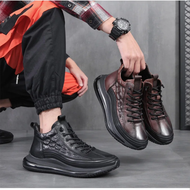 Men's winter thick bottom casual shoes light luxury fashion Air Cushion Cowhide Crocodile Print Sneakers Height Lifting Non-Slip