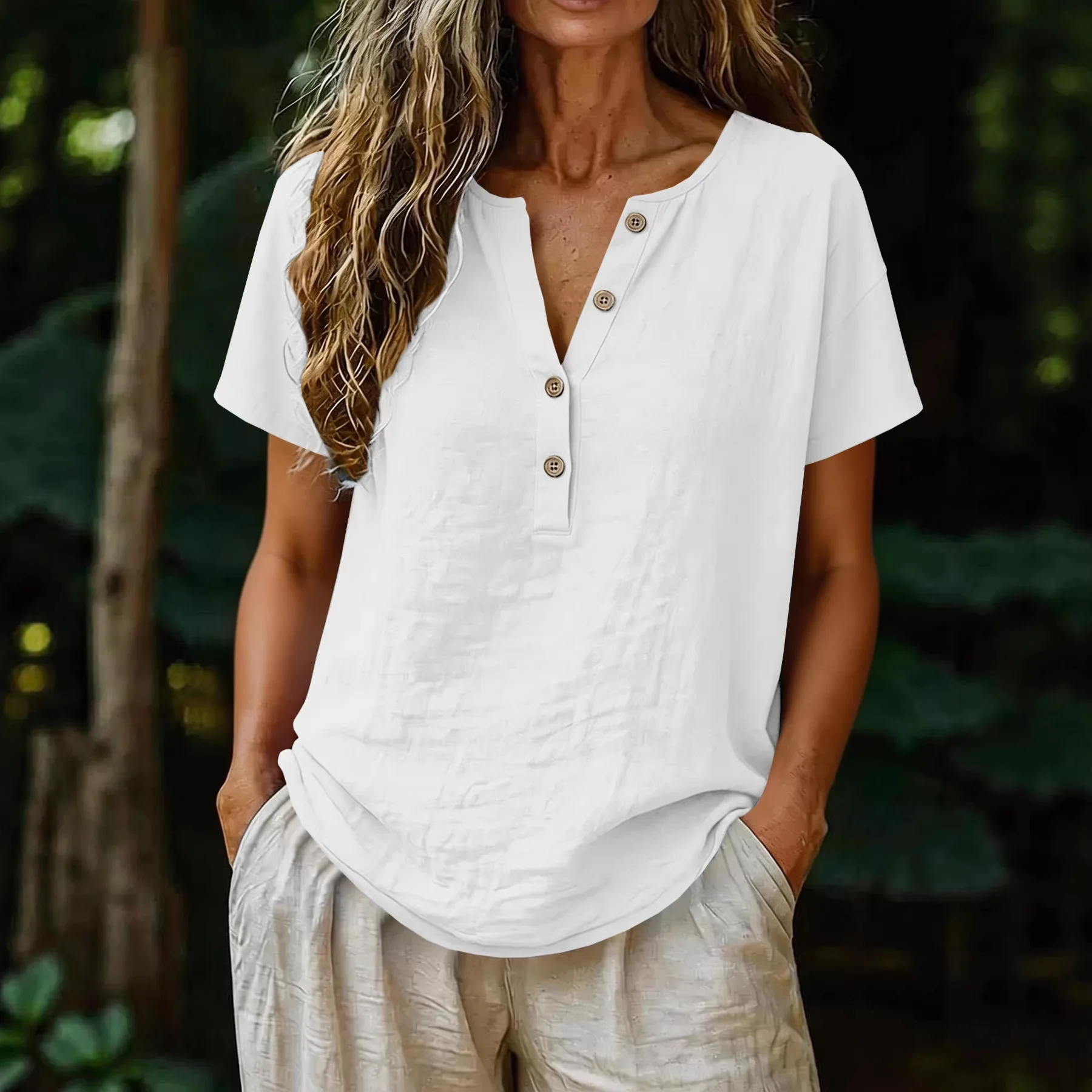 2026 New Womens Fashion Casual Comfortable Solid Color Short Sleeve Half Zip V Neck Button Up Top T Shirt Loose Slim Fit