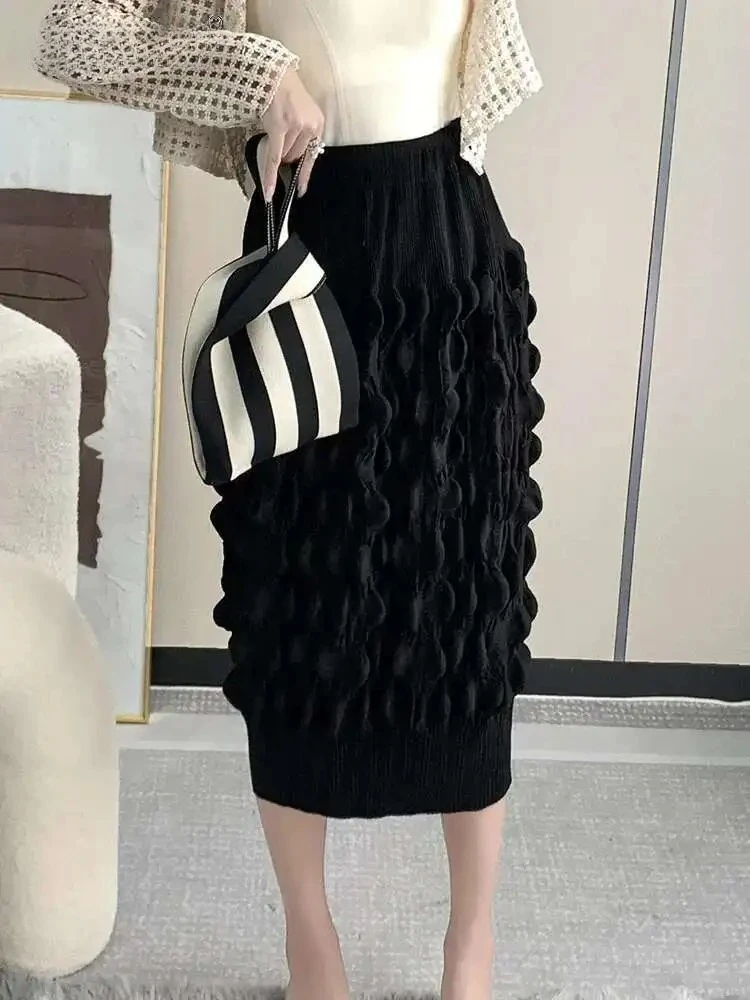 

Pom Pom Pleated Skirt Women's Elastic Waist Slim Elegant Solid Colour Miyake Summer New 2025 Women's Patchwork Pocket Skirt