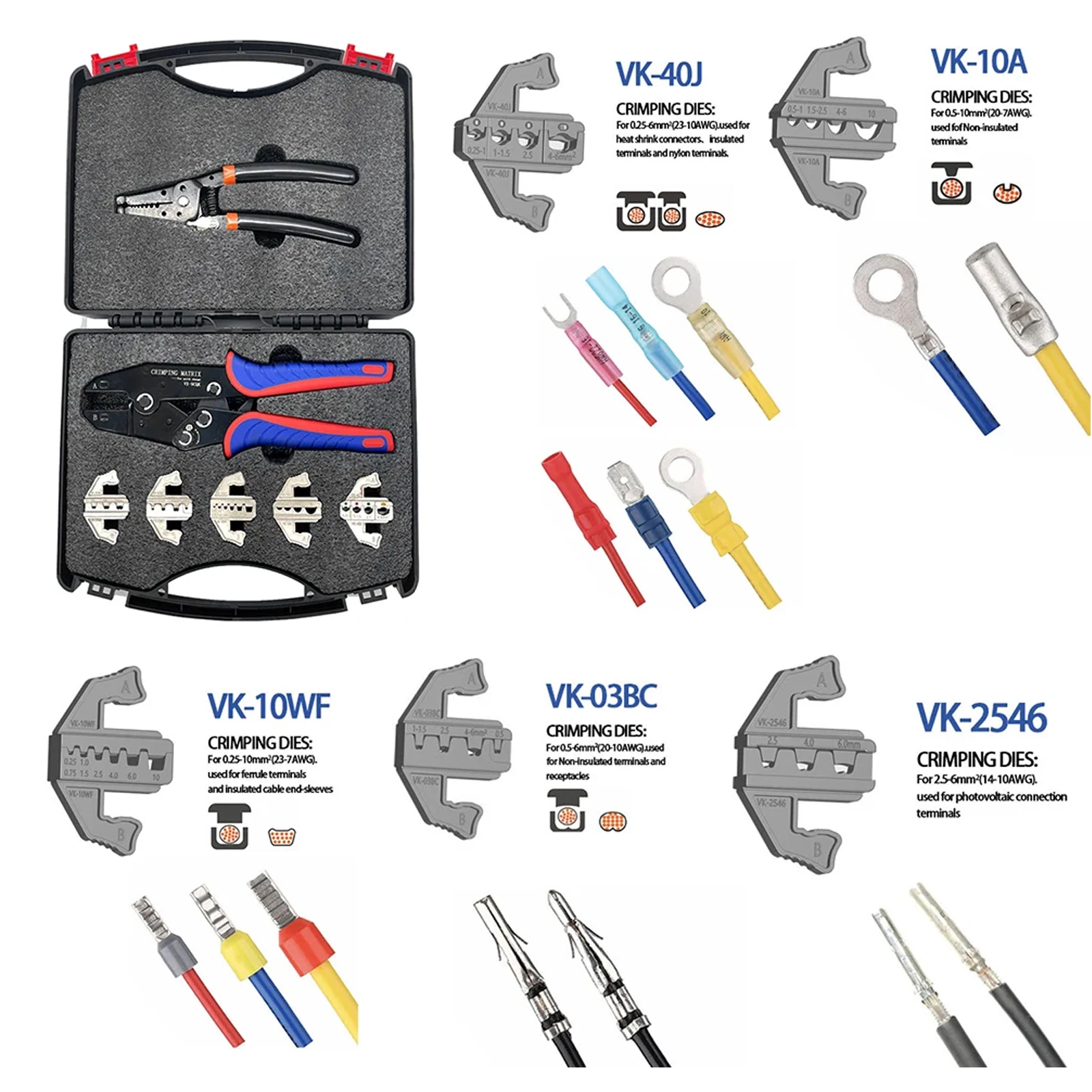Kit de ferramentas de friso de substituição rápida com 5 matrizes intercambiáveis, crimpagem multifuncional do terminal do cabo do descascador do fio da catraca