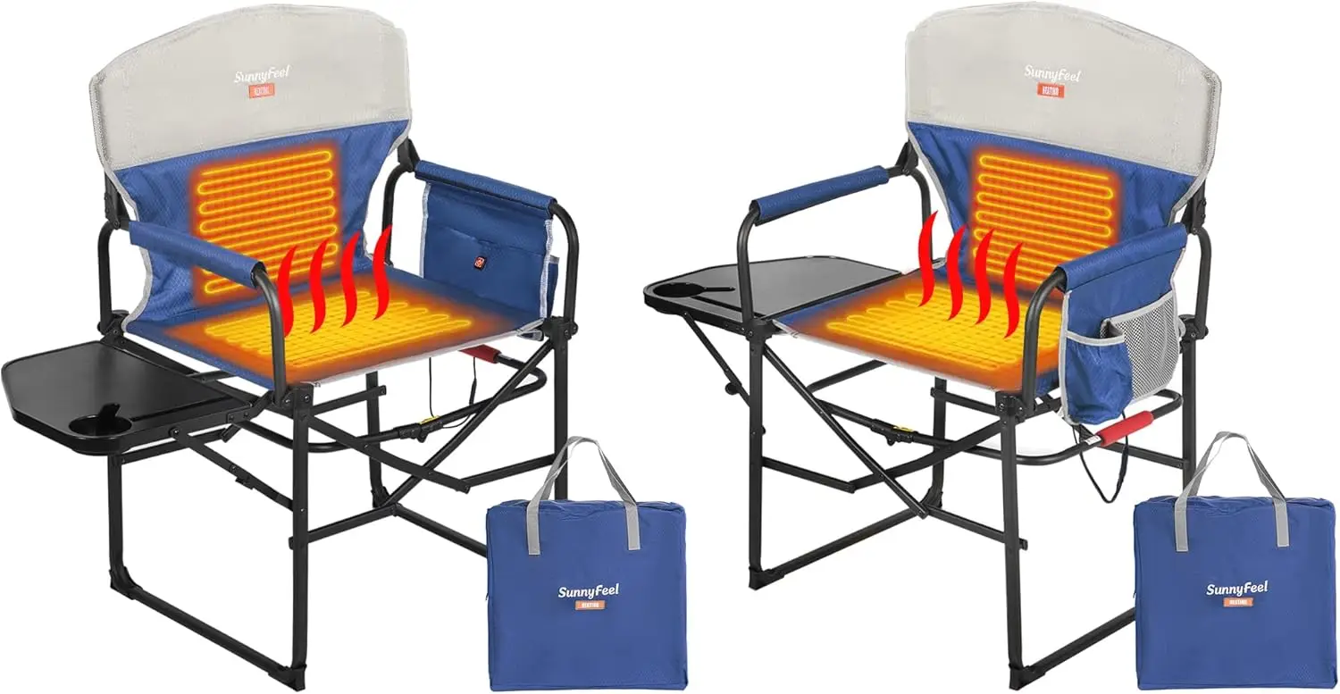 

Heated Camping Directors Chair 2 Pack, Portable Folding Lawn Chairs for Adults Heavy Duty with Side Table,Pocket for Beach