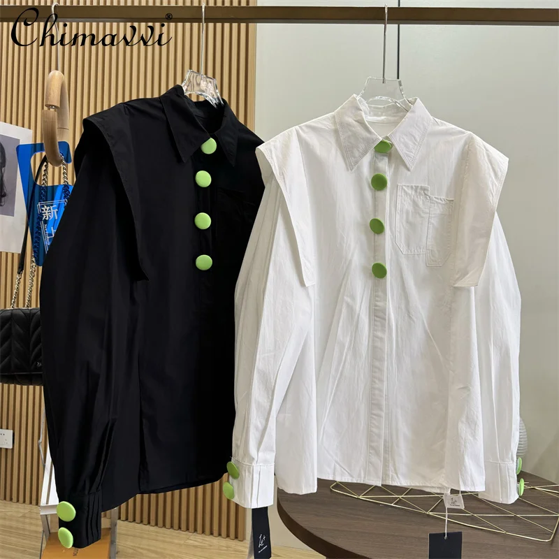 

Autumn Clothes New Fashion Three-dimensional Long-sleeved White Shirt Green Design Button Loose Ruffle Edge Casual Blouse Tops