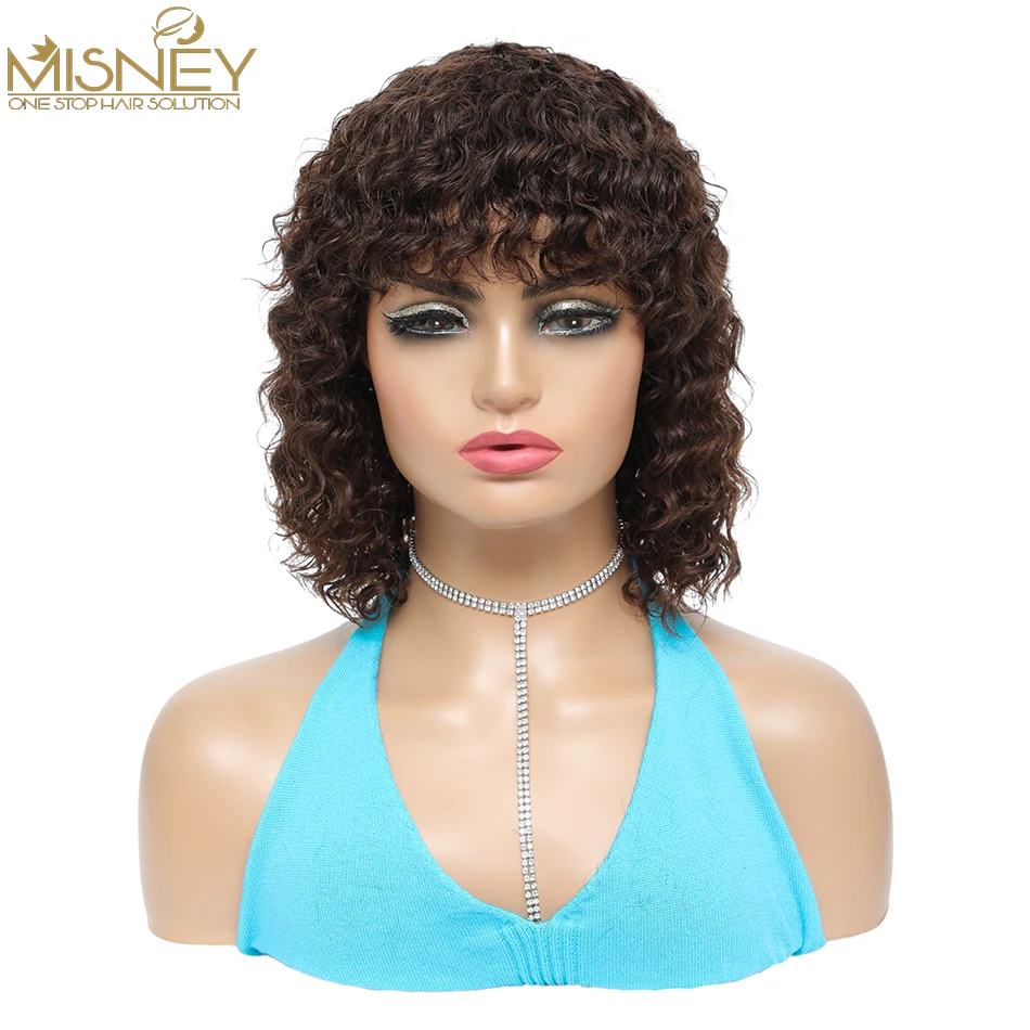 

Deep Wave Human Hair Wig With Bangs Full Machine Made Pixie Cut Wigs For Women 12 Inch Light Brown Color Brazilian Remy Hair Wig