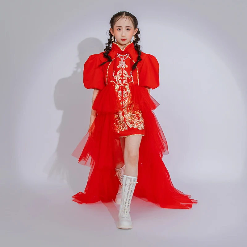 Chinese Style Red Cheongsam Dress Train Skirt Girls Jazz Dance Costume Children'S Stage Catwalk Wear Festival Outfits XS6623