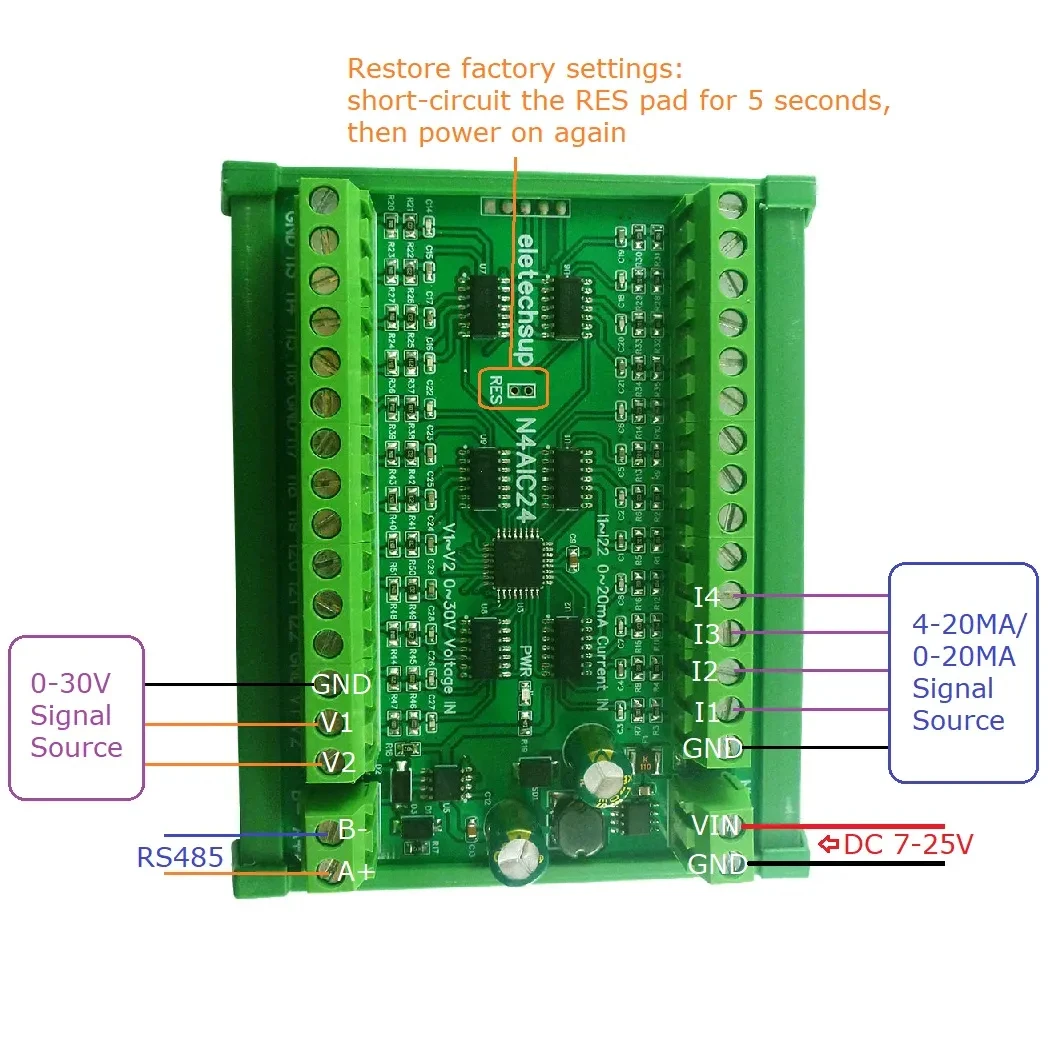 DC 7-25V 8 Channel 4-20MA To RS485 Current Analog Input Collector MODBUS RTU Board For PT100 K Thermocouple Pressure Sensor