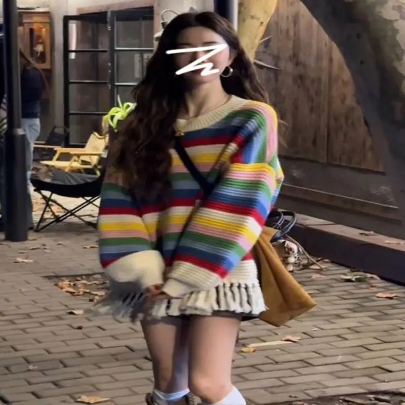 

Knitted sweater new style lazy style rainbow striped knitted sweater for women in autumn and winter with high-end loose tops