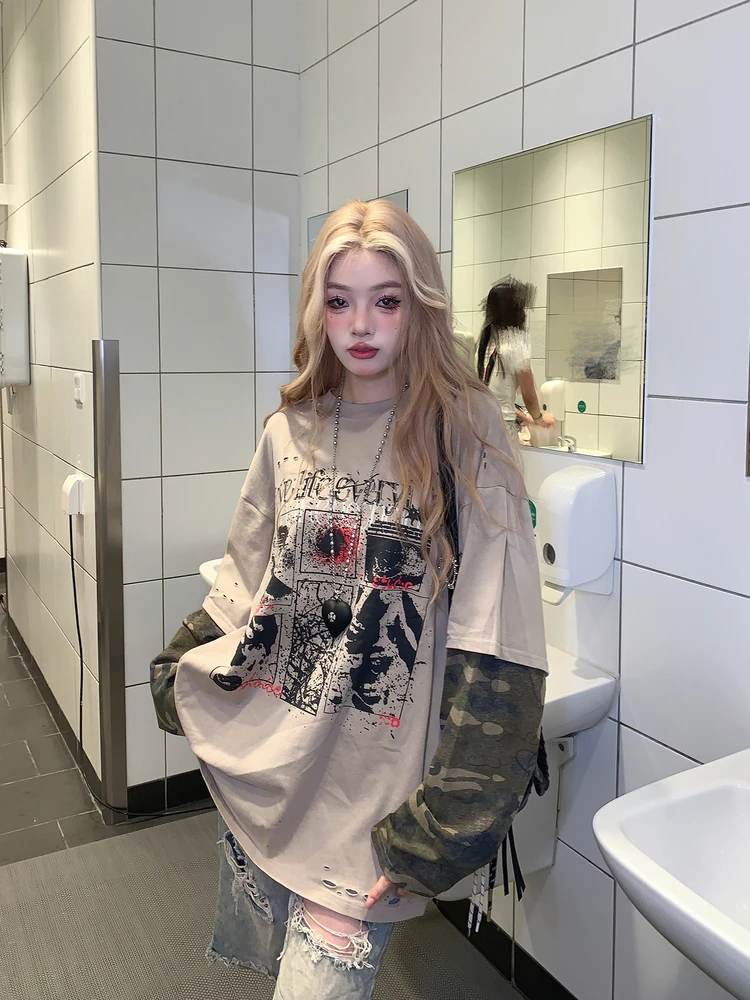 

Винтажная американская уличная камуфляжная футболка в стиле ретро, длинная футболка из двух предметов для пар, дышащий хлопковый топ