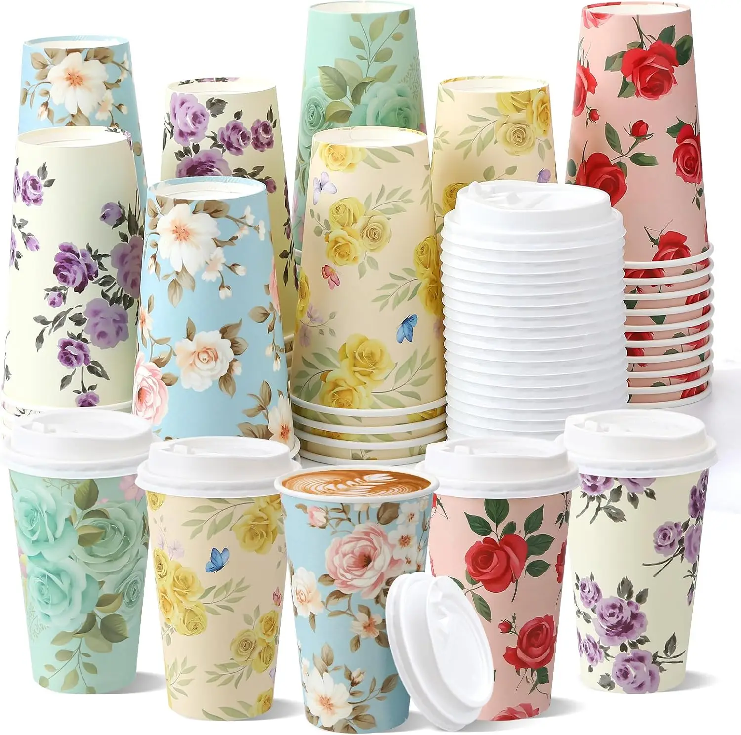 

50 Pack 16 oz Disposable Coffee Cups with Lids,Floral Paper Insulated Hot Cups for Hot and Cold Beverages Coffee Tea Wat