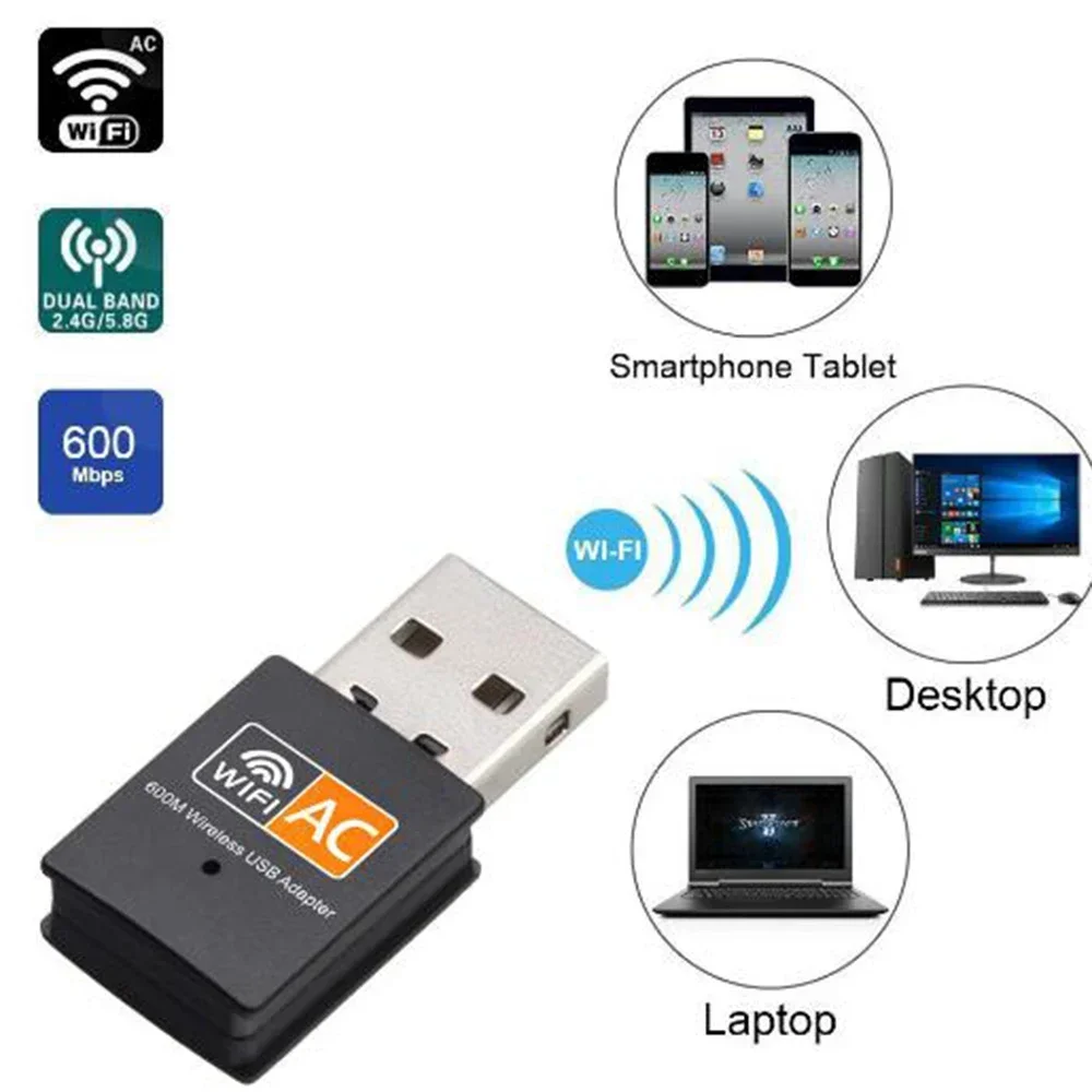 600Mbps 2.4GHz 5GHz Dual Band USB WiFi Network Card Wi-Fi Dongle Ethernet Adapter