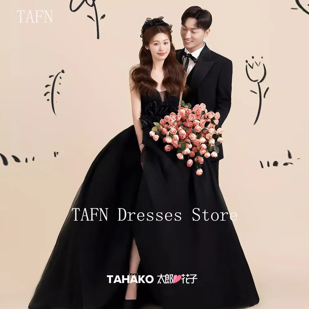 

TAFN 블랙웨딩드레스 Black Wedding Dresses Spaghetti Straps A-line Handmade Flowers Bridal Gown Custom Made Satin Photo Shoot Gown