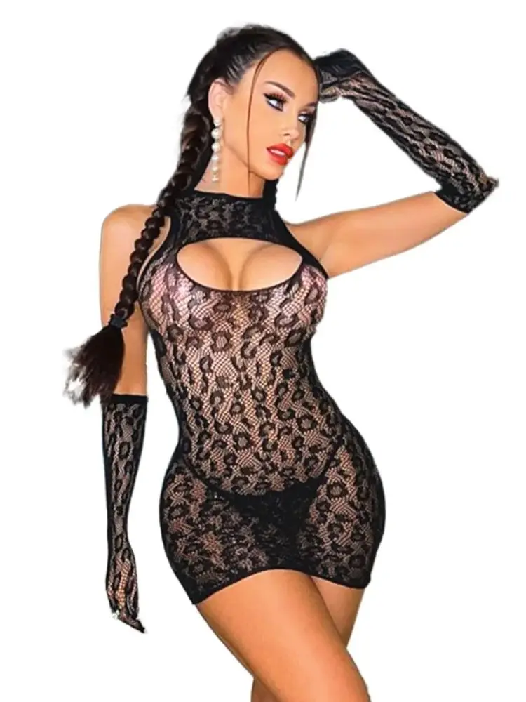 Durchsichtiges Minikleid für Damen, sexy Leopardenkleider, körperformend, Vestido, weibliche Party, Nachtclub, Kleidung, schwarze Dessous-Kleider