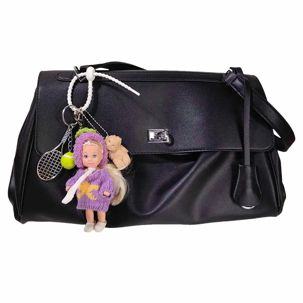 Active Style Purple Doll Bag Charm Cute Knit Keychain with Tennis Theme Charms Adjustable Lanyard Pendant Casual Gift for Her