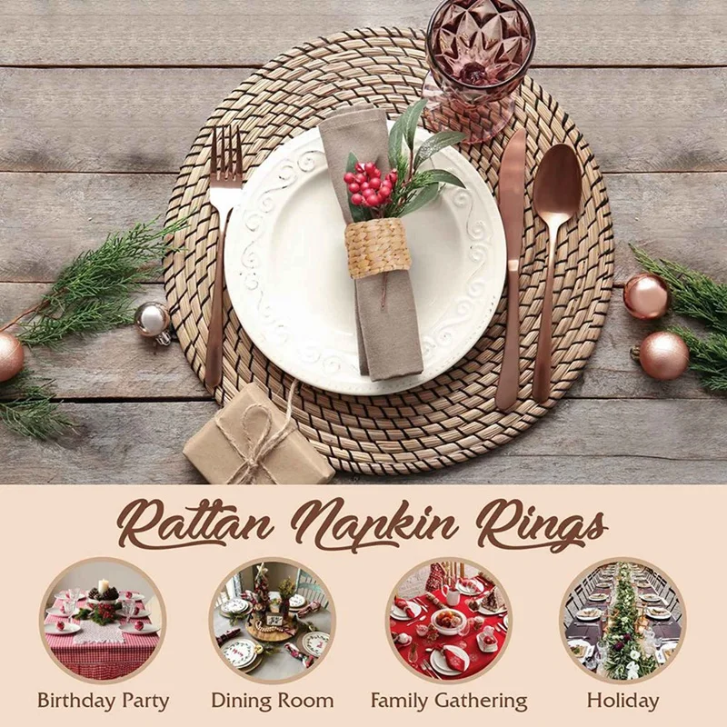 12Pcs Napkin Rings,Water Hyacinth Napkin Holder Rings - Rustic Napkin Rings for Birthday Party, Dinner Table Decoration