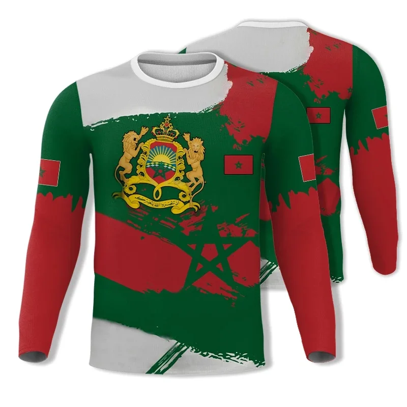 3D Morocco National Emblem Flag Graphic T Shirt for Men Clothing y2k Tops Fashion Long Sleeved T-shirt Casual Gym Fitness Jersey