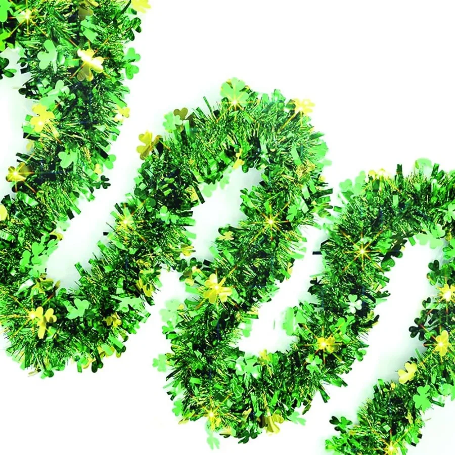 Guirnalda de oropel del Día de San Patricio de 33 pies, guirnalda verde con trébol, decoraciones del Día de San Patricio para fiesta del Día de San Patricio