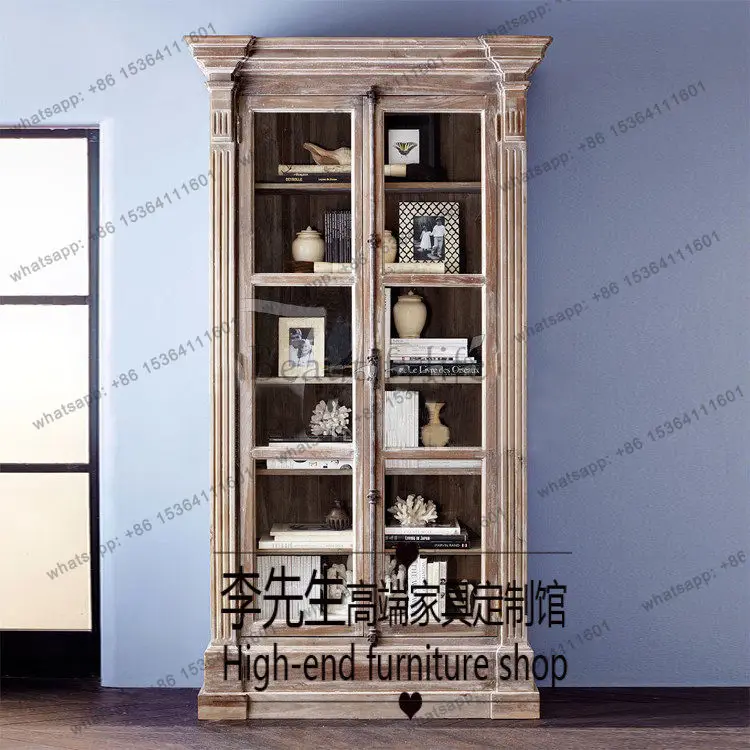 

French old bookcase European pastoral solid wood glazed double door living room display cabinet