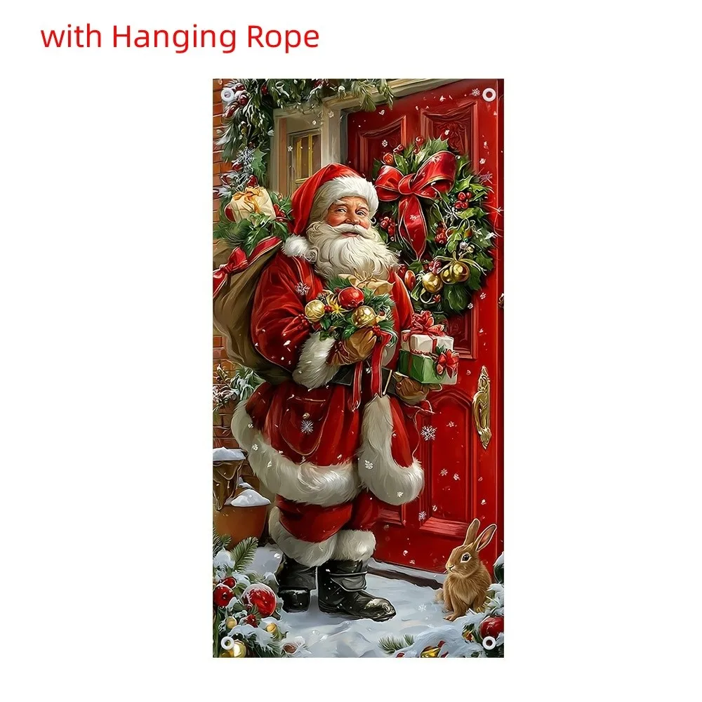 Santa Claus Pattern Christmas 2D Door Banner Rectangular Hanging Christmas Door Cover Perforated Strap Fastening Polyester
