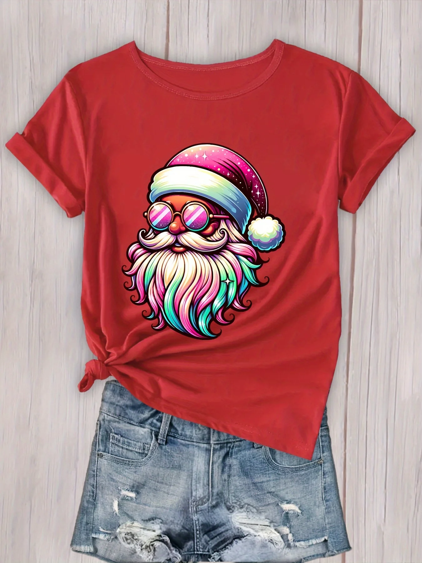 

Festive Christmas Santa Claus Graphic Print T-Shirt Women's Comfortable Round Neck Casual Short Sleeve Activewear Breathable