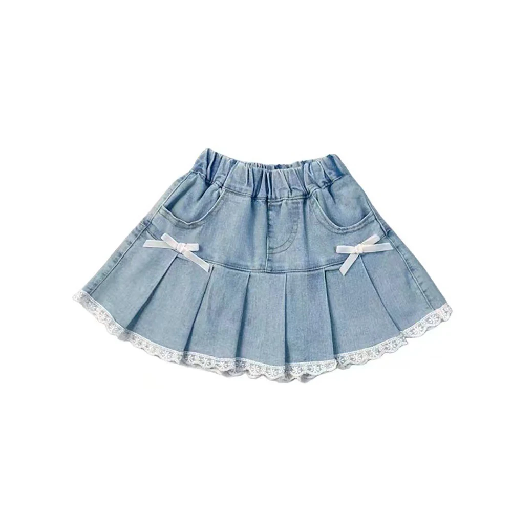 Sweet Girls Bow Denim Skirts 2024 Summer Korean Style Elastic Waist Lace Edge A-line Skirt Kids Blue Jean Skirts Children Clothe