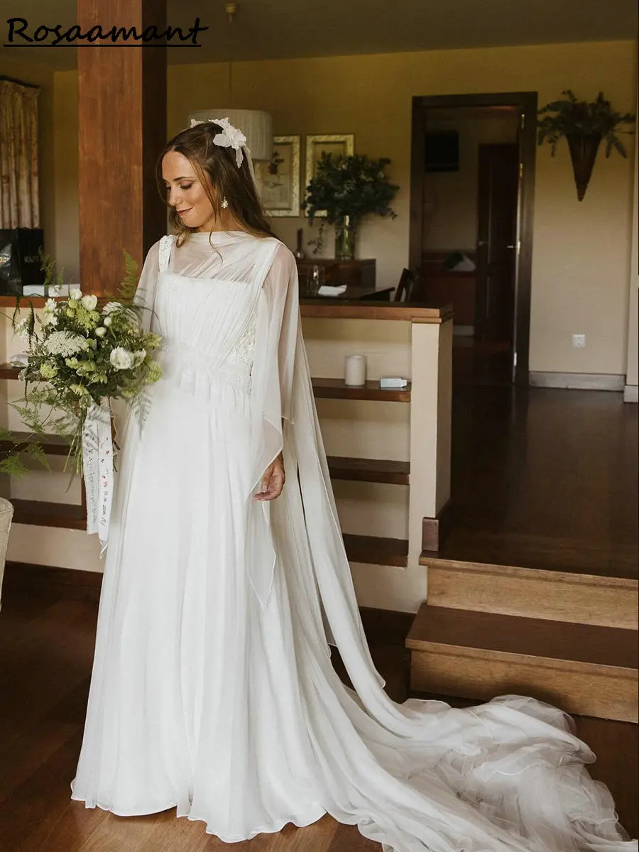 Newest Crystal Beading A-Line Wedding Dresses With Cape Chiffon Pleat Boho Country Bridal Gowns