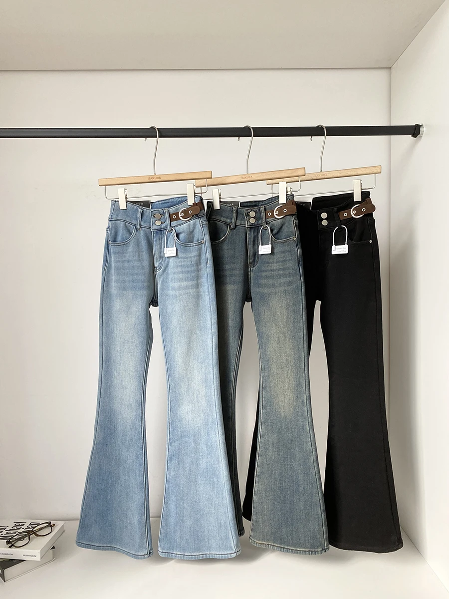 

Retro Fleece Lined Flared Denim Jeans Women's High Waist Slim Fit Long Pants Korean Style Winter New Arrival Floor Length