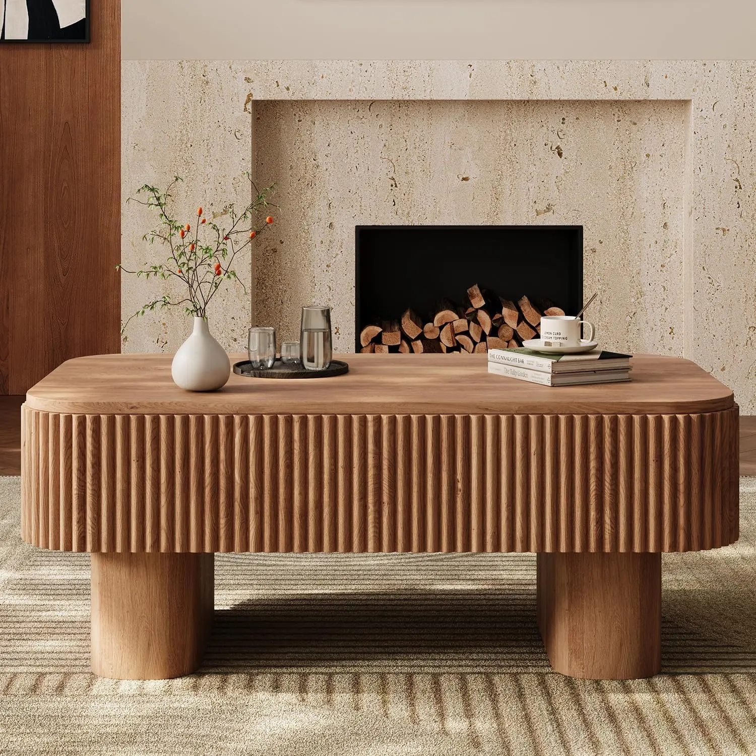 

44 inch Solid Wood Coffee Table,Rustic Center Table with Hidden Storage Compartmen Mid Century Modern Tables