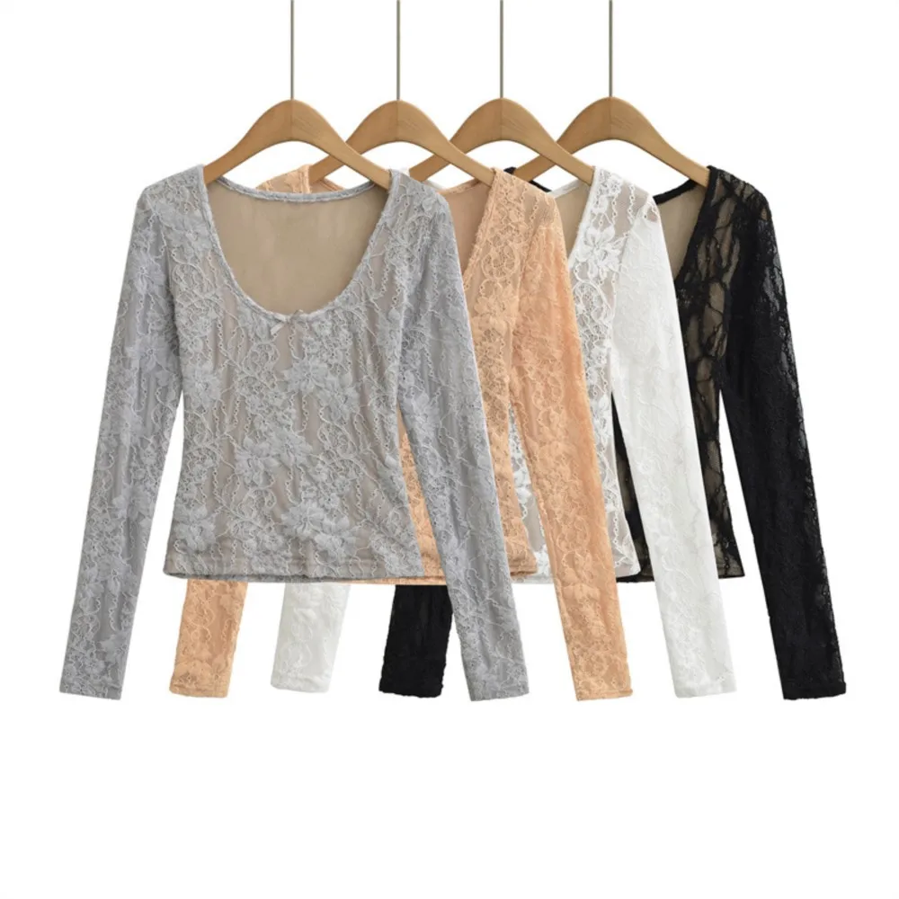 

2026 Spring Autumn Solid Color Blusas T Shirt Tee Long Sleeve Top Bottoming Shirt Lace Bowknot Slim Temperament Women's Clothing