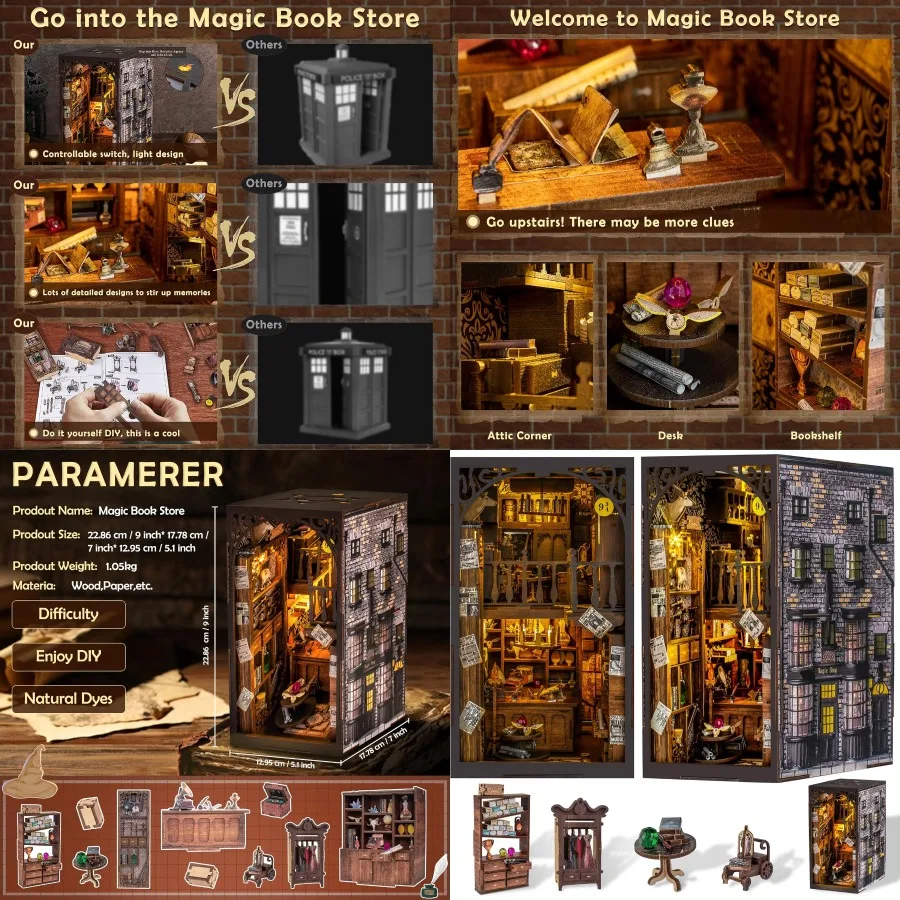 مجموعة أدوات ألغاز خشبية ثلاثية الأبعاد يمكنك صنعها بنفسك، رف كتب مصغر لديكور المنزل، مثالية لموضوعات الهالوين وعيد الميلاد الإبداعية #1