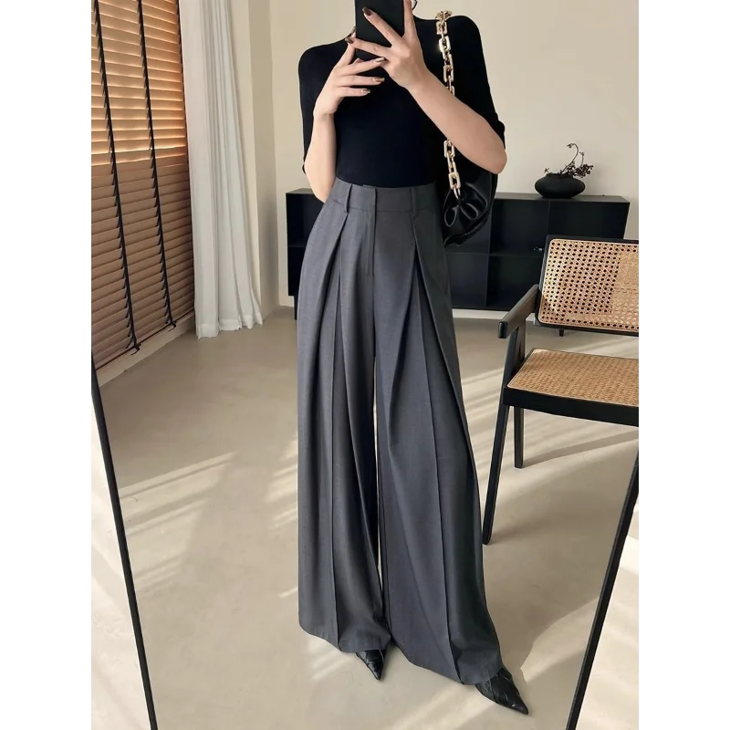 رمادي الراقية دعوى السراويل النساء في الربيع والخريف مستقيم الساق الطابق السراويل فضفاضة تغطي اللحوم عارضة السراويل #4