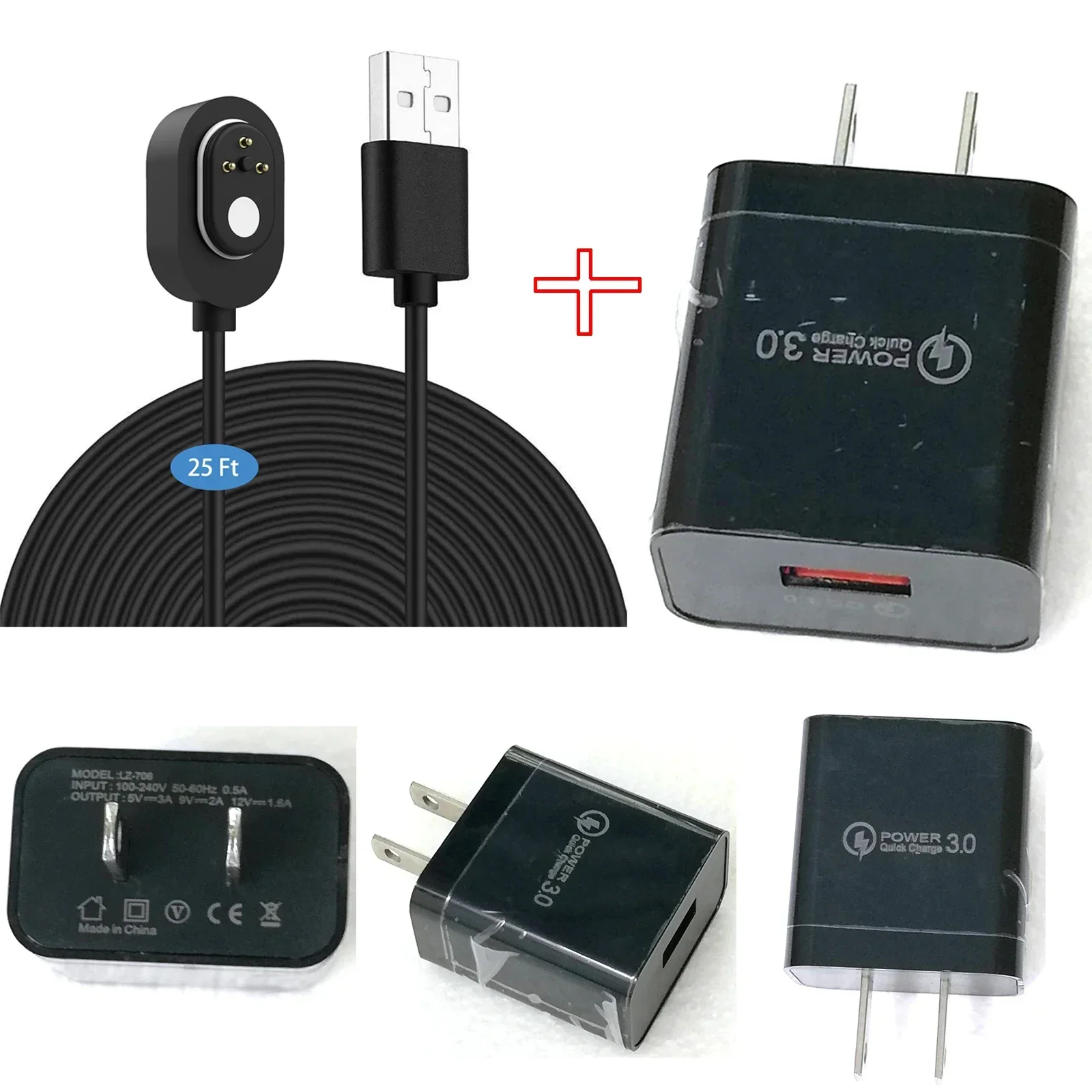 Cabo de carregamento preto à prova de intempéries de 7,6 m para Arlo Ultra/Ultra 2/Pro 3/Pro 4/Go 2/PRO 5S com carregador rápido de porta USB