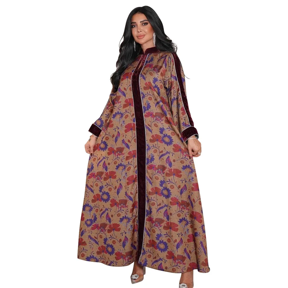 

Women's Clothing Muslim Fashion Abaya Fashionable Floral Ethnic-style Women's New Print Velvet Patchwork A-line Dress