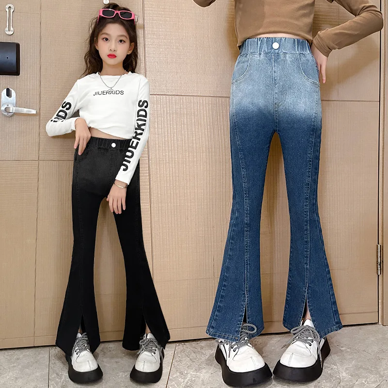 

Children's Pants, Girl's Gradient Denim, Autumn New Fashion, Slim Fit, Split Flared Pants for Middle-aged and Young Children