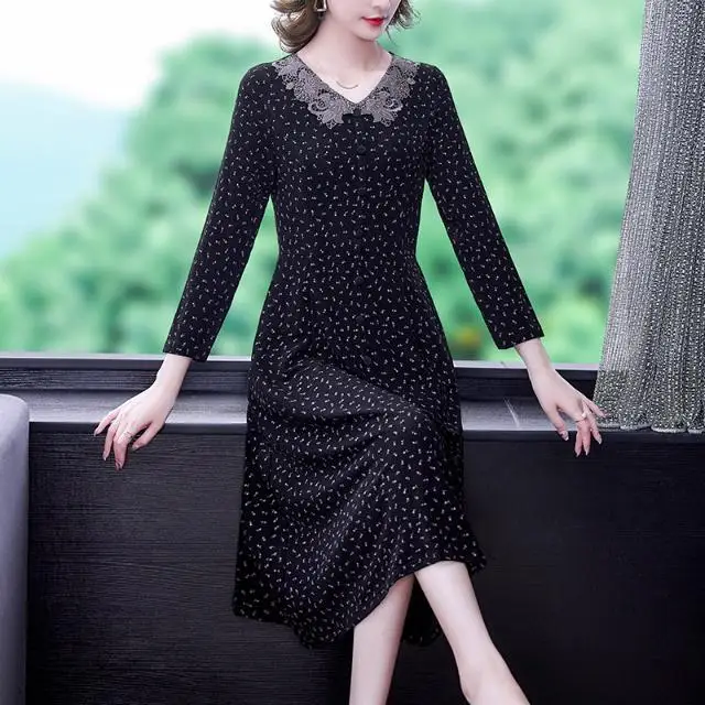 Women Dresses Spring Autumn 2024 New Fashion Floral A-line Dress Vintage Black Female Casual Printed Party Dresses Autumn V342