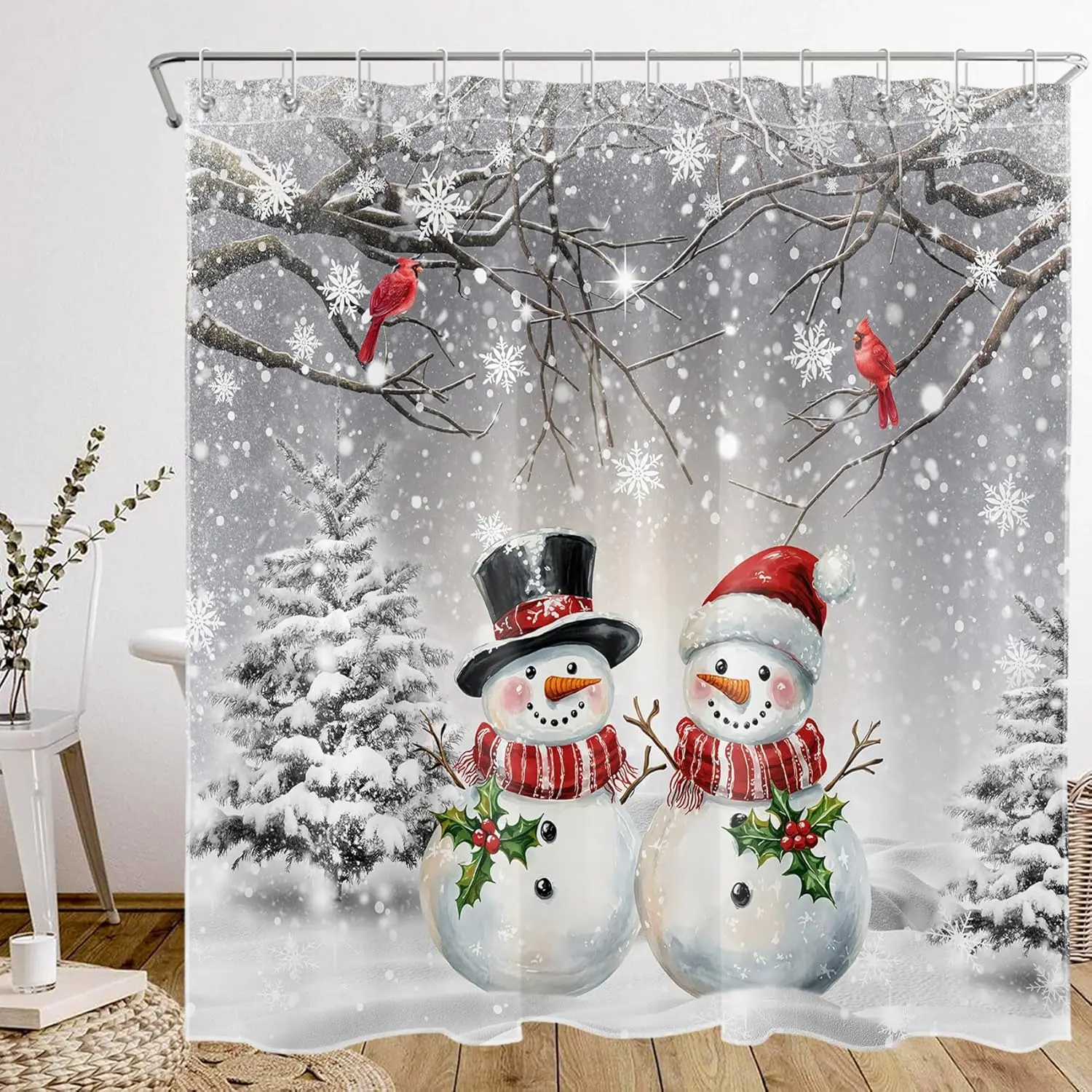 Christmas Snowman Shower Curtain with Hooks, Cute Snowman and Cardinal in Snow Pine Tree Forest Shower Curtain for Bathroom
