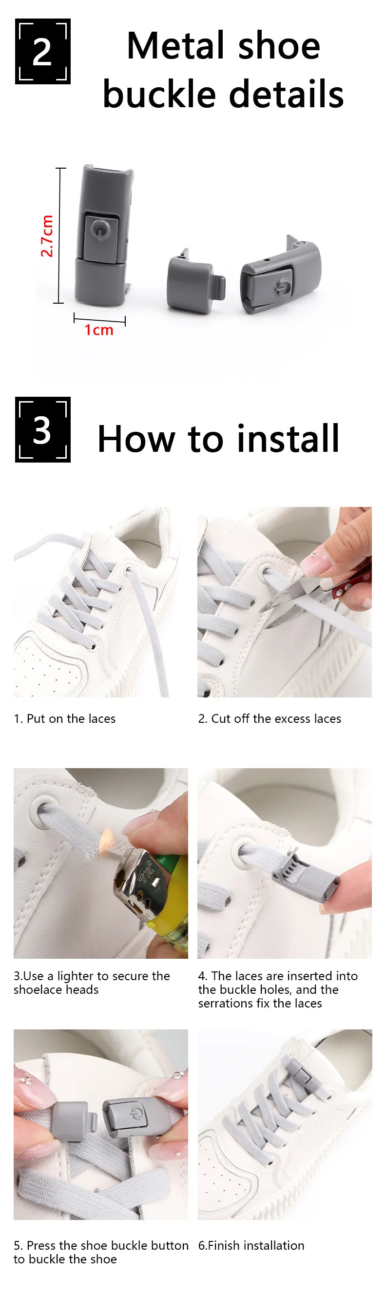 Schuheinsätze mit farbigen Metallschnallen, Schnürsenkel ohne Binden, Schnürsenkel mit Druckverschluss, elastische, flache Schnürsenkel, für Sneaker, Kinder und Erwachsene. – Detail 3