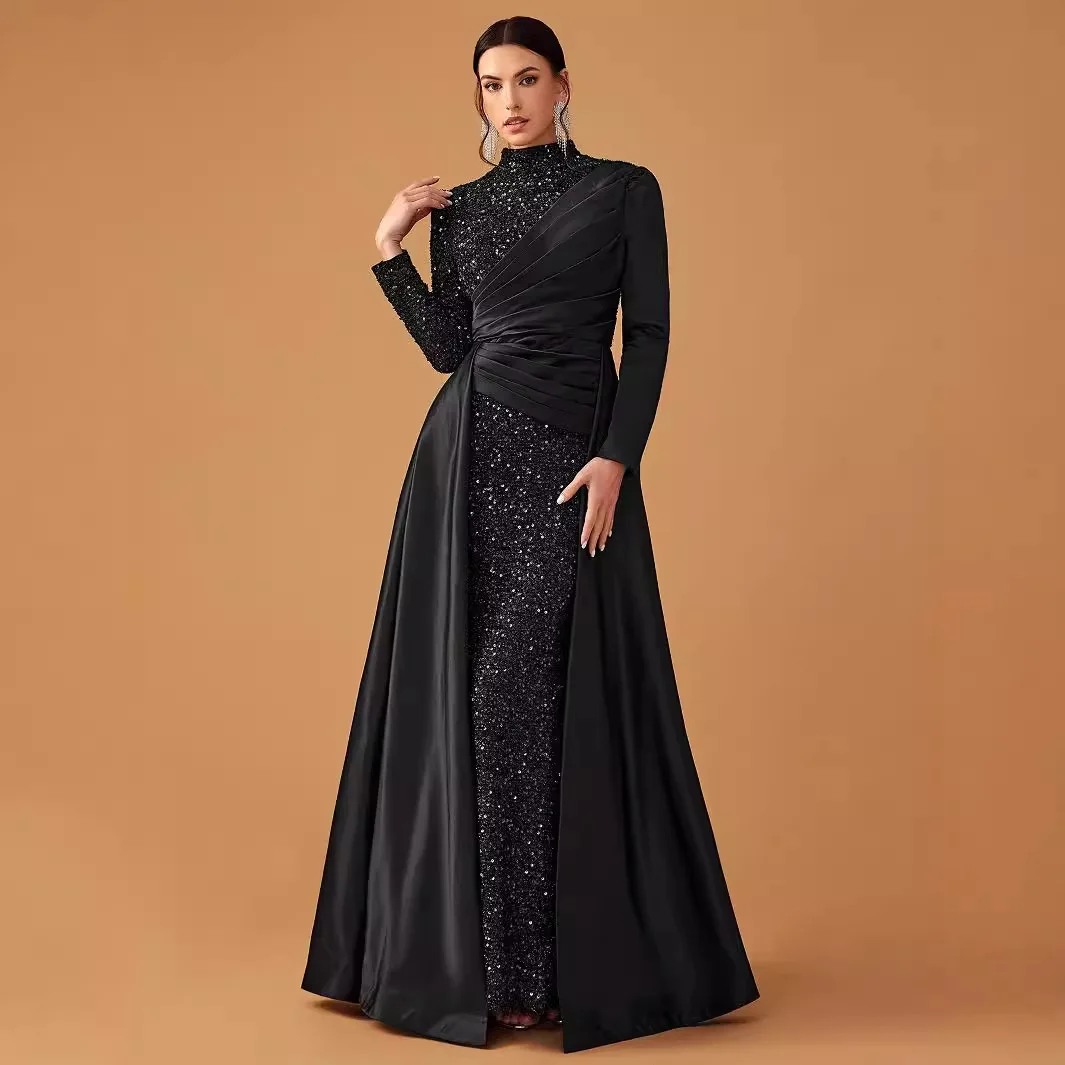 

Black Evening Party Dress Formal Heavy Work Autumn Winter New Style Women's Gown Sexy High Waist Polyester Long Sleeve Dress