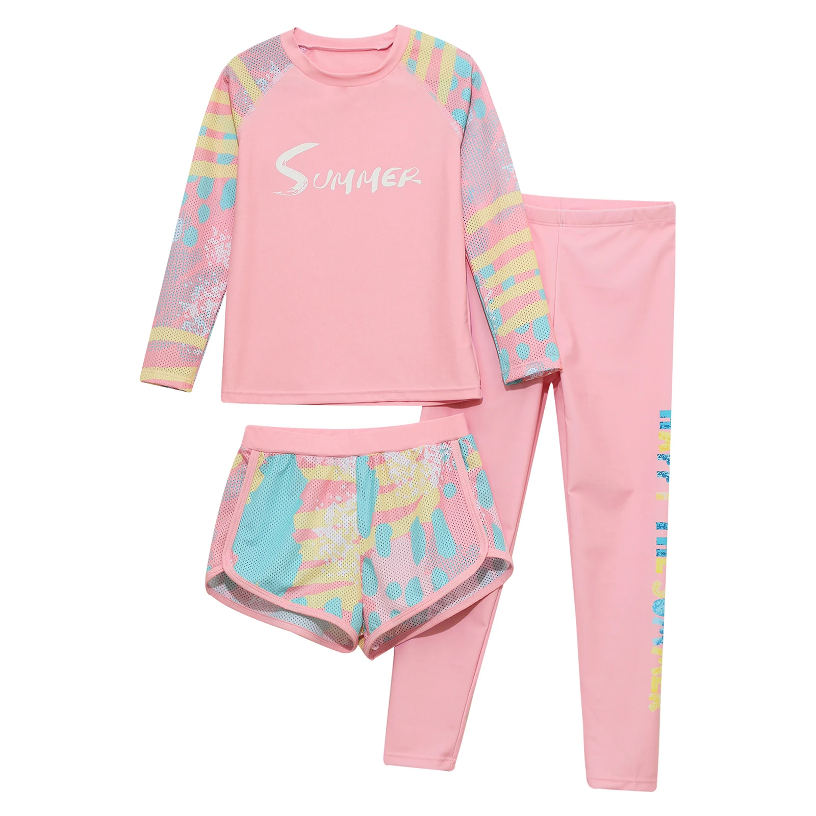 Kinder Meisjes 3Pcs Badmode Sunsuit Outfit Lange Mouw Bloemen Rash Guard Tops Shorts En Legging Zonwering Sport Badpak Set