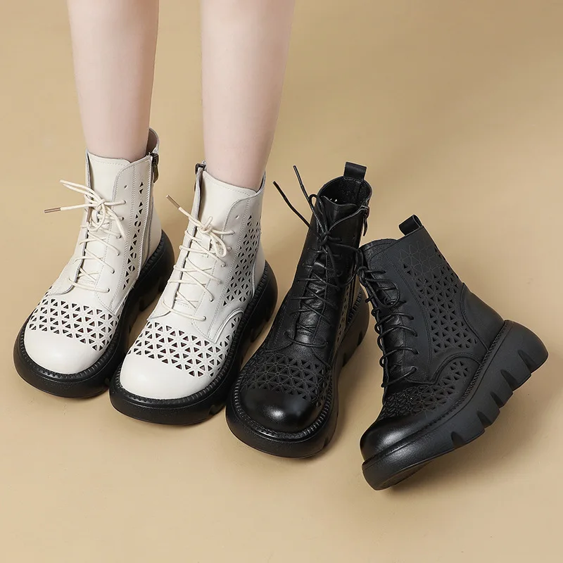 Koznoy New In Women\'s Boots 5cm Cow Genuine Leather Ankle Boots Summer Hollow Women Ladies Moccasin ZIP Platform Elegance Shoes
