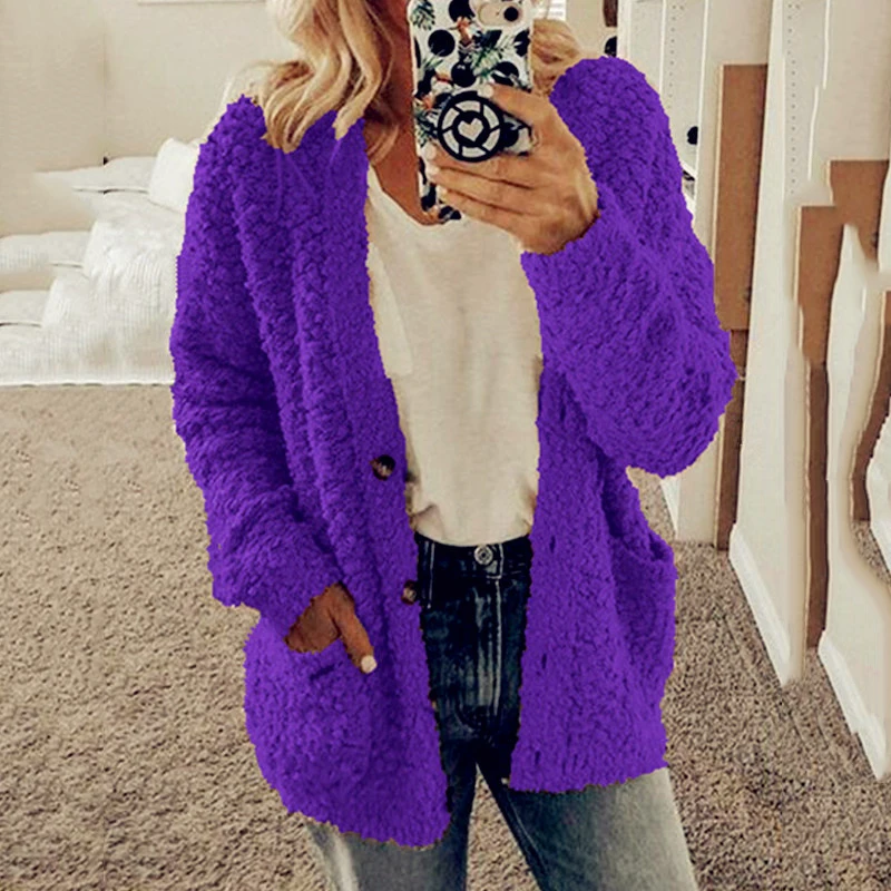 2025 suéter de lana de invierno cálido de manga larga para mujer, chaqueta para mujer, ropa holgada de 10 colores gris y negro, abrigo superior con cuello en V, S-5XL