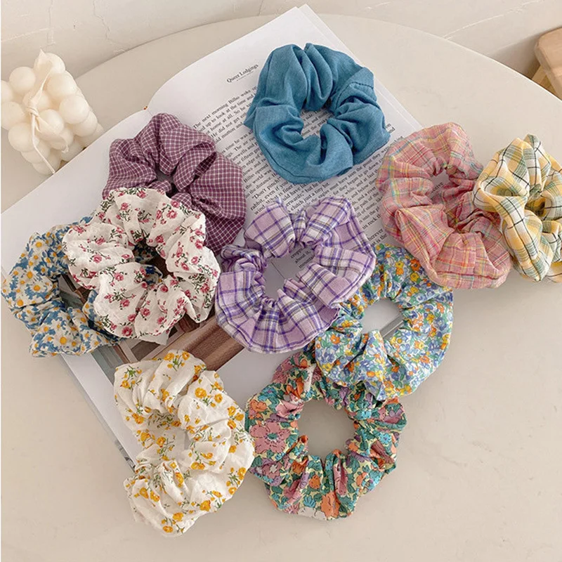 2024 Girls Floral New Double Strand High Elastic Hair Bands Korean Purple Plaid Scrunchies Hair Ropes Flower Ponytail Holder