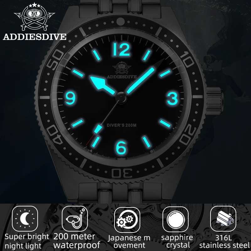 ADDIESDIVE Men Analog Watch Luxury Business Sapphire Glass Stainless Steel BGW9 Super Luminous 20Bar Waterproof Quartz Watches