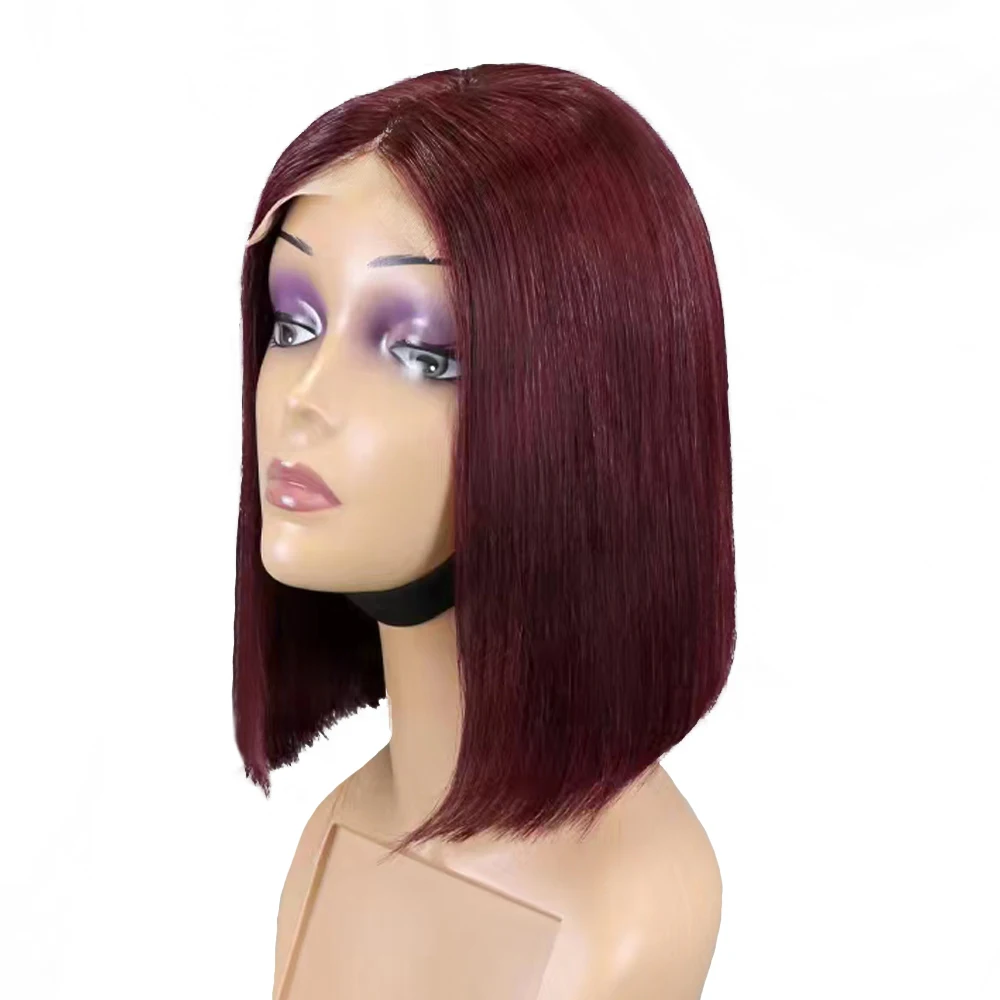 Perruque Bob Lace Front Wig naturelle lisse, bordeaux, 12 pouces, pre-plucked, avec Baby Hair, pour femmes