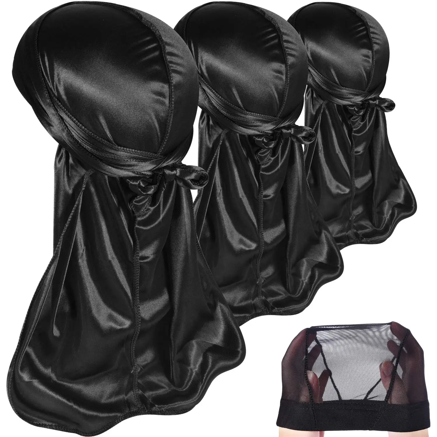 3-teiliges seidiges Durag-Kopftuch, Durag für Männer und Frauen, mit gratis Wellen, Kappe, Durags-Pack mit langem Schwanz und breiten Trägern, Bandanas – Detail 1