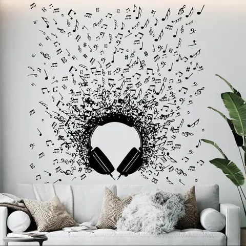 Large Headphones Music Notes Wall Sticker Children Room  Music Instrument Jazz Rock DJ Wall Decal Playroom Bedroom Vinyl Decor
