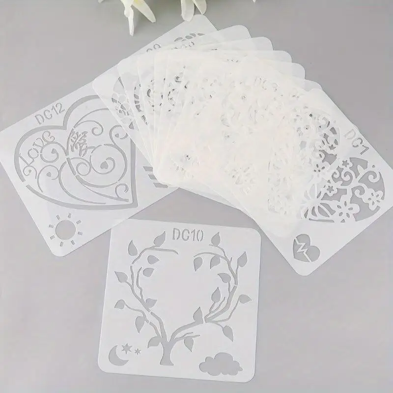 12Pcs Flower Heart Drawing Molds Plastic Painting Stencils DIY Paper Art Craft Card Label Scrapbook Bookmark