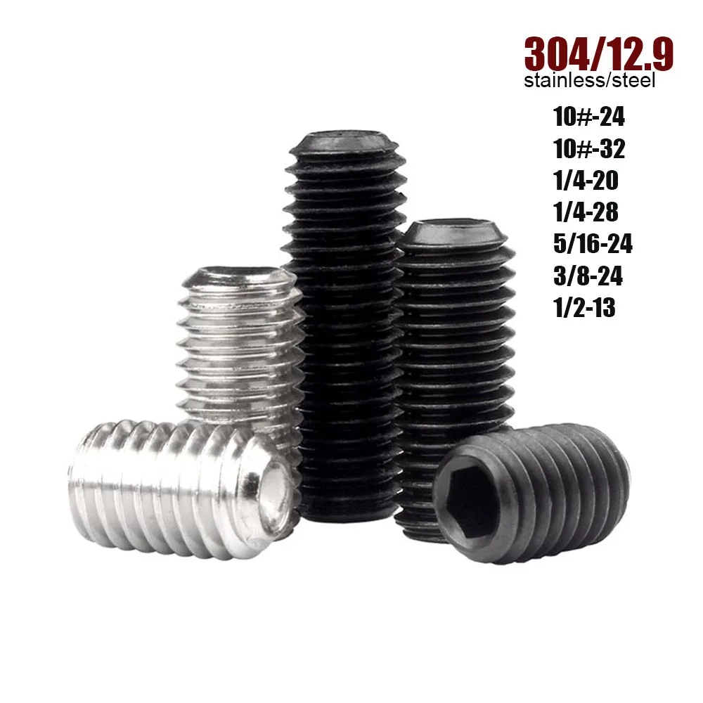 10pcs UNC 10#-24 1/4-20 US Coarse 304 Stainless 12.9 Black Steel Hex Hexagon Socket Allen Cup Point Grub Headless Bolt Set Screw