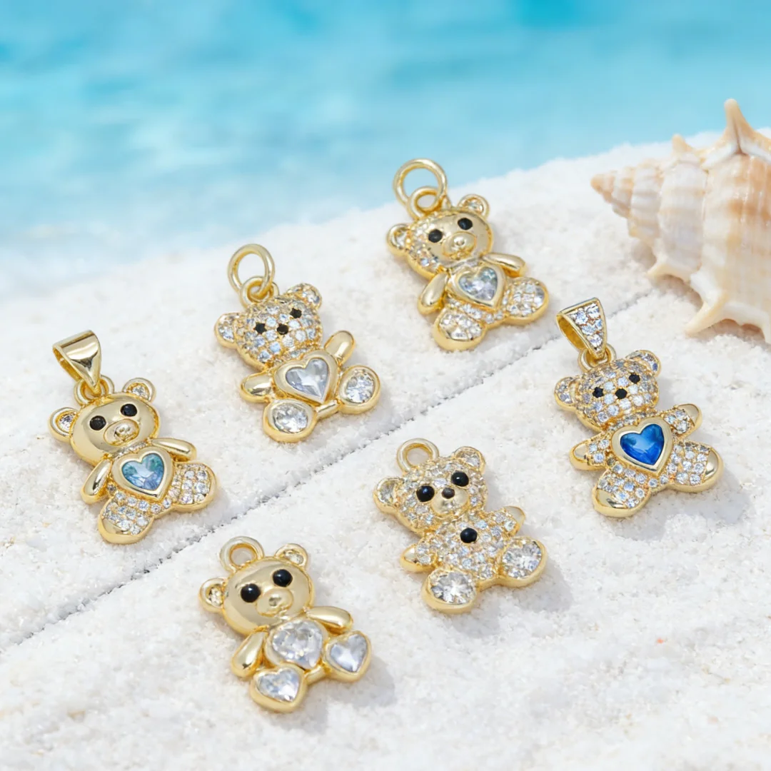 

Набор из 3 подвесок-медведей: блестящие, из латуни с цирконом, полые, для изготовления ювелирных изделий, ожерелий, браслетов, оптом